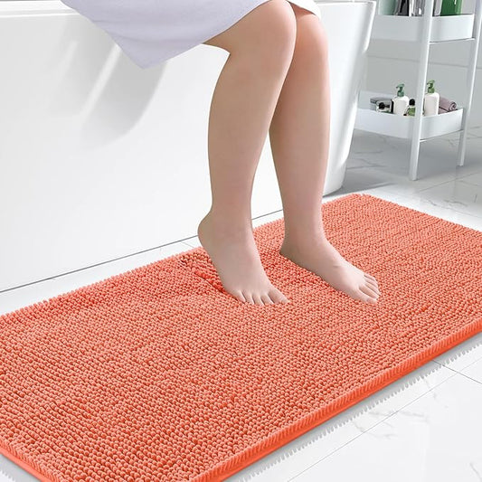 OLANLY Bathroom Rugs 47x24, Extra Soft Absorbent Chenille Bath Rugs, Rubber Backing Quick Dry, Machine Washable Bath Mats for Bathroom Floor, Tub and Shower, Home Decor Accessories, Coral