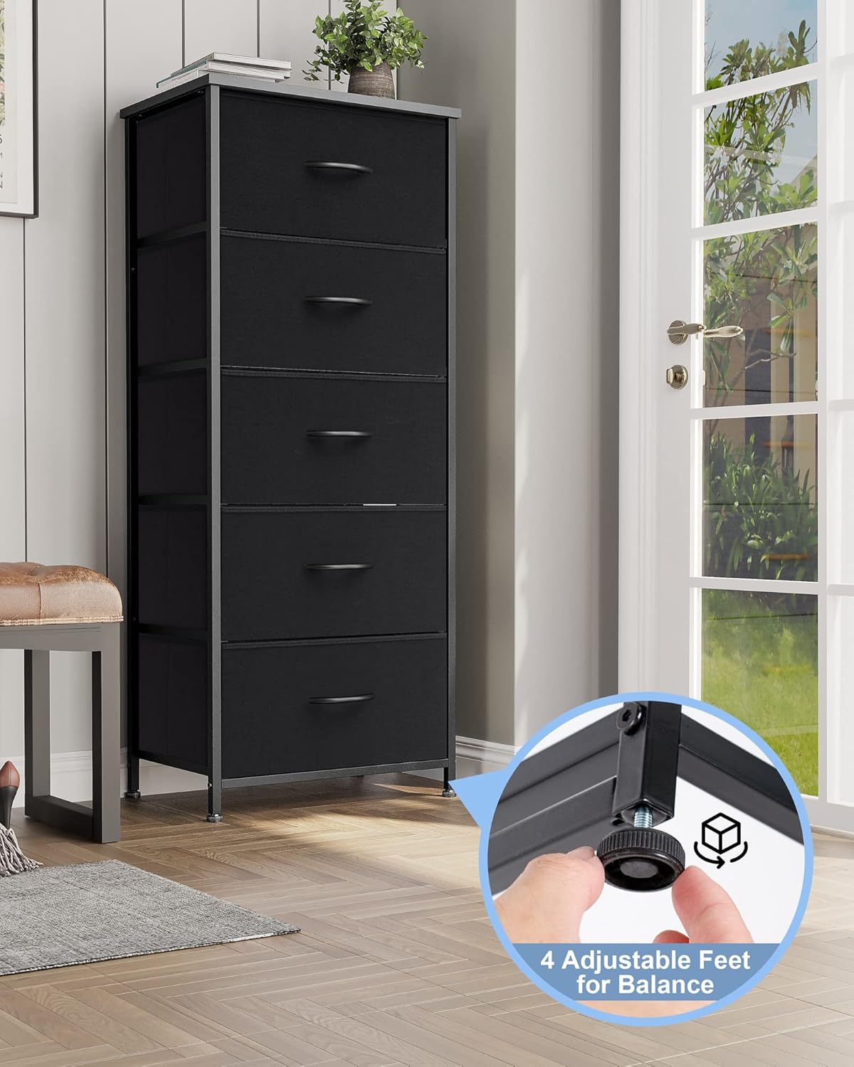 Crestlive Products Vertical Dresser Storage Tower - Sturdy Steel Frame, Wood Top, Easy Pull Fabric Bins - Organizer Unit for Bedroom, Hallway, Entryway, Closets - 5 Drawers(Black)