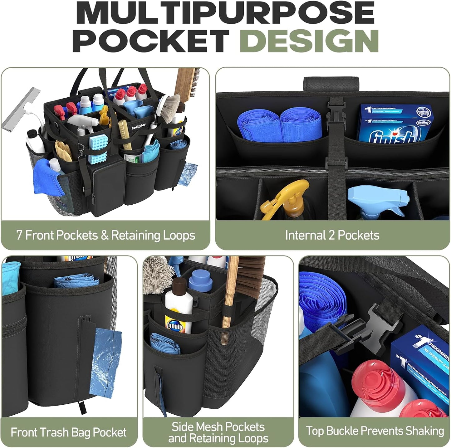 Rolling Cleaning Caddy Bag with Detachable Trolley, Cleaning Supplies Organizer Cart on Wheels, Cleaning Supply Caddy for Housekeepers, Large Professional Detailing Bag Tote for Home, Car (Black)