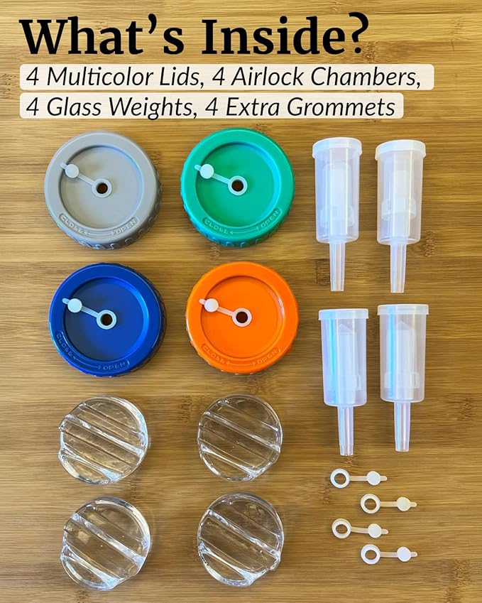 Elementi Mason Jar Fermentation Kit - Set of 4 Glass Fermenting Weights & Wide Mouth Mason Jar Fermentation Lids - Sauerkraut, Kimchi & Pickling Kit - Airlocks for Fermenting