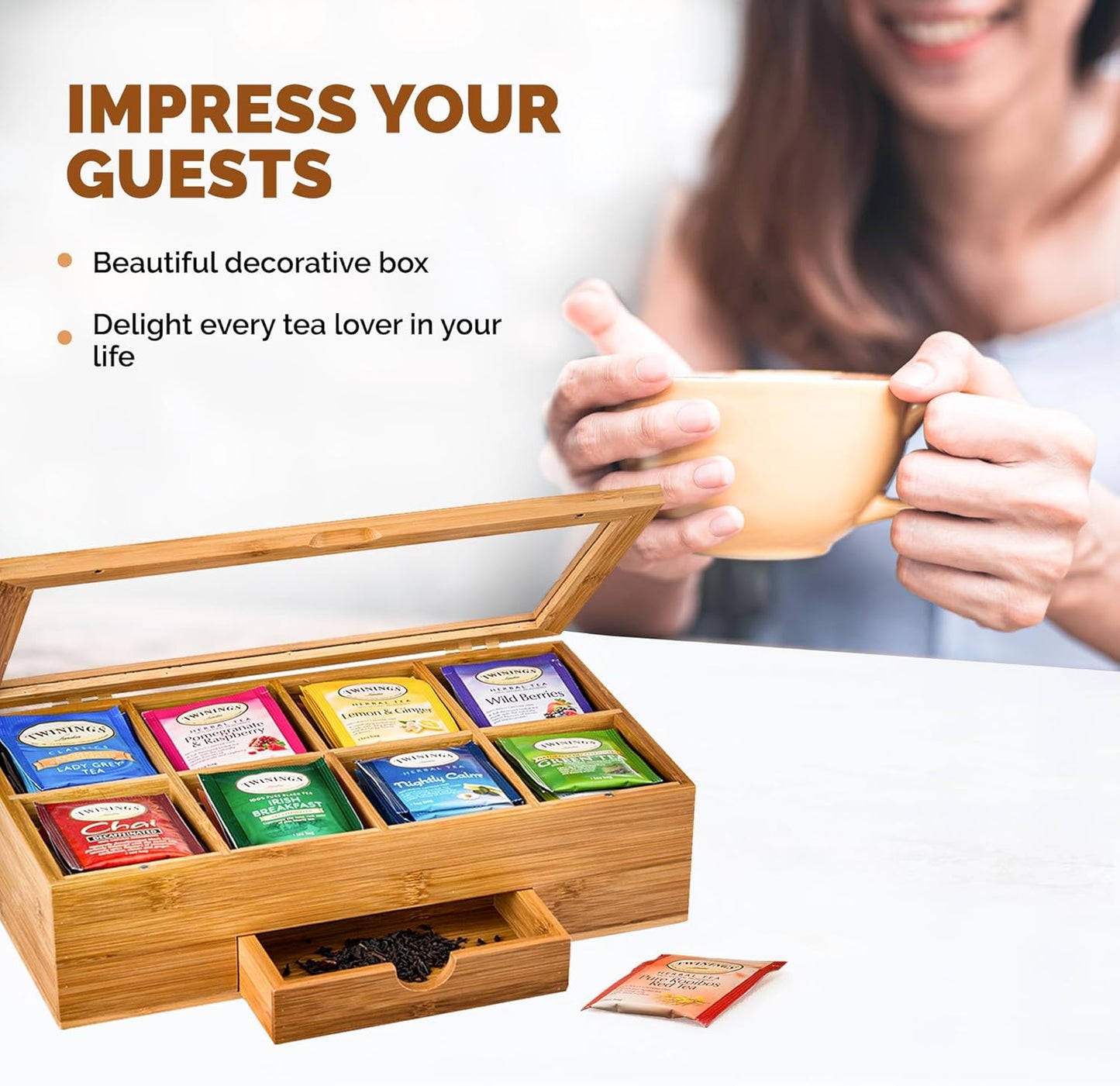 Tea Bag Organizer - Bamboo Tea Box Organizer Storage Box, Tea Bag Holder with Drawer & Acrylic Window, Magnetic Lid Keeps Tea Bags Fresh - Tea Organizer Caddy (Tea Not Included) Ideal Christmas Gifts