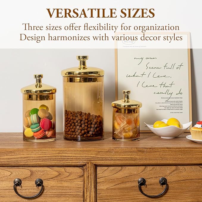 MyGift Glass Apothecary Jar Set with Brass Lids, Decorative Kitchen and Bathroom Storage Canisters, Wedding Centerpiece Jars, Candy Buffet Containers