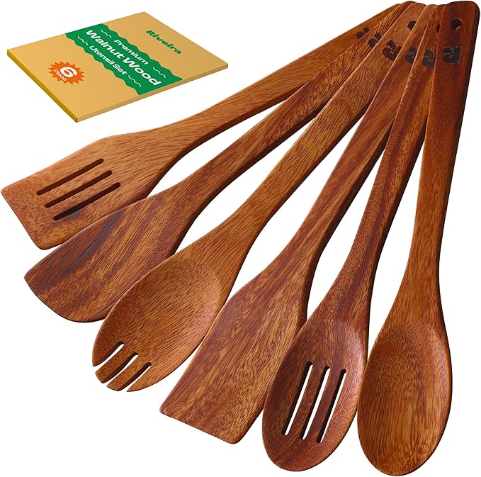 Riveira Walnut Wooden Spoons for Cooking Set of 6 – Natural Walnut Wooden Cooking Utensils, Spatula, Spoon - Premium Quality Utensil Set for Non-Toxic Cooking