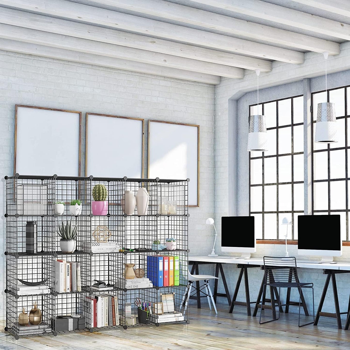 TUMUCUTE Wire Cube Storage Organizer, 25-Cube Modular Mental Grids Bookshelf, DIY Stackable Closet Cabinet for Bedroom Living Room, Office, Iron