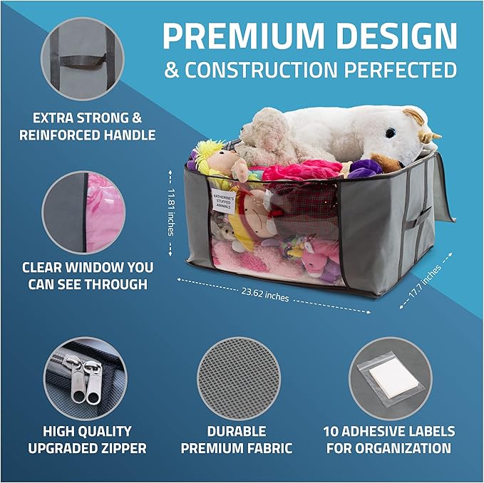 NestNeatly Large Capacity Clothes Storage Bag Organizer with Reinforced Handle for Comforters, Blankets, Bedding, Foldable with Sturdy Zipper, Clear Window, 3 Pack, Gray