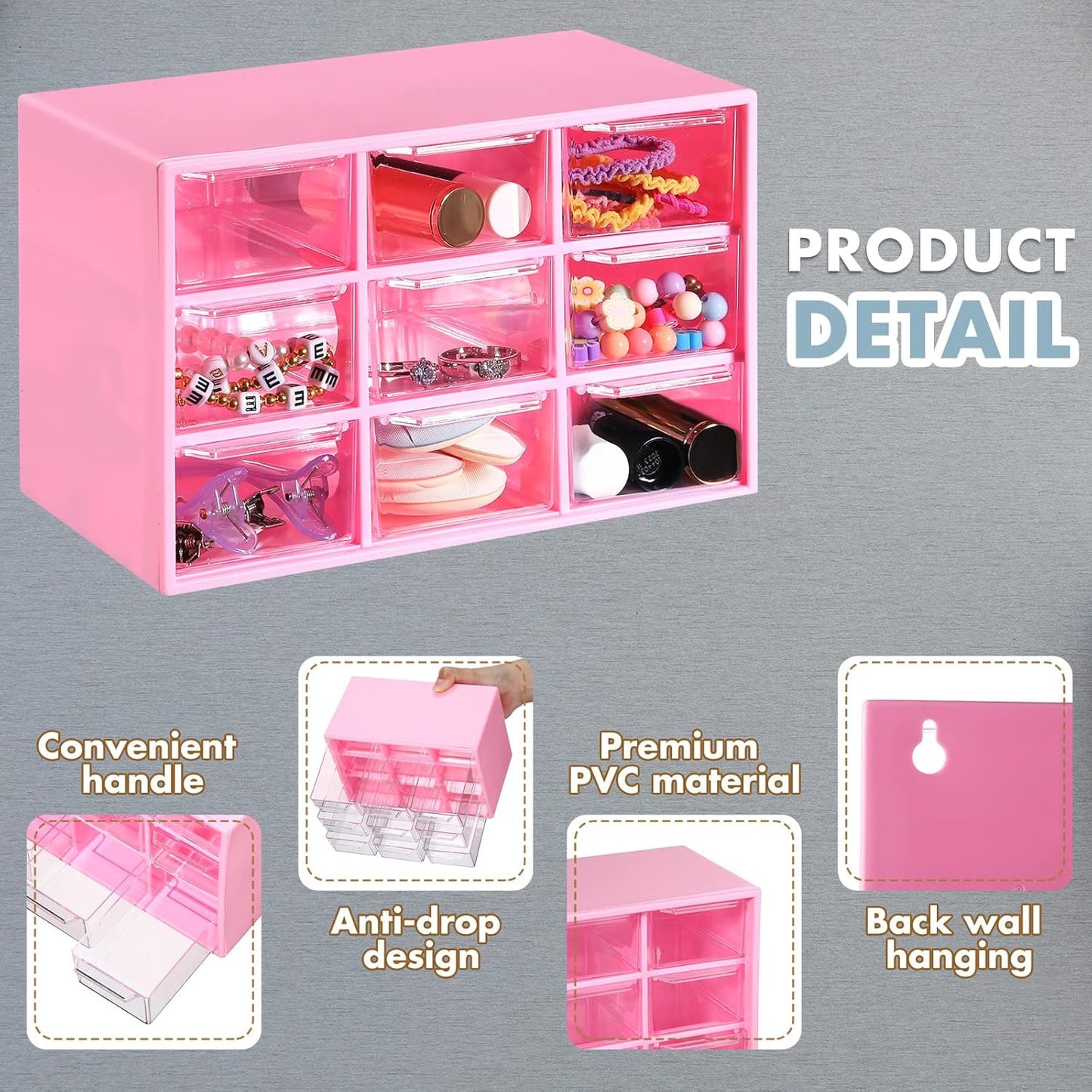 Amyhill 6 Pcs Mini Drawer Organizer Small Organizer with 9 Drawers Plastic Desktop Craft Storage Box for Office Home Room Jewelry Cosmetics Collection(Rose Red)