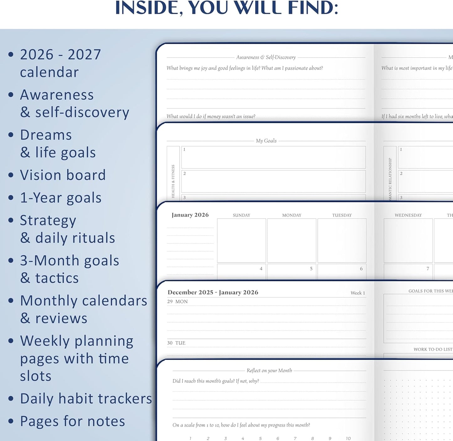Legend Planner PRO Dated Jan 2026-Jan 2027 – Deluxe Weekly & Daily Organizer with Time Slots. Appointment Book Journal for Work & Time Management, A4 Hardcover (Mystic Blue)