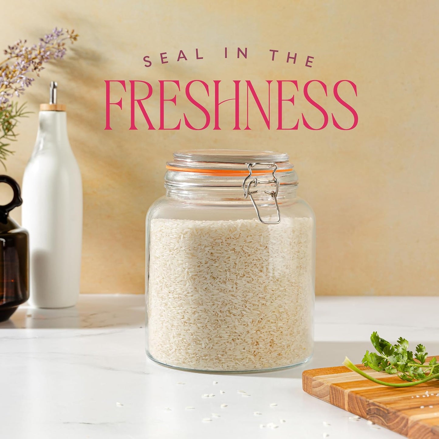 kitchentoolz Half Gallon Glass Large Mason Jars with Airtight Lid - 64oz Wide Mouth Flour & Sugar Container. Also for Sourdough, Pasta, Pickles, Cookies- Flip Top Hinged Closure - 2 Pack