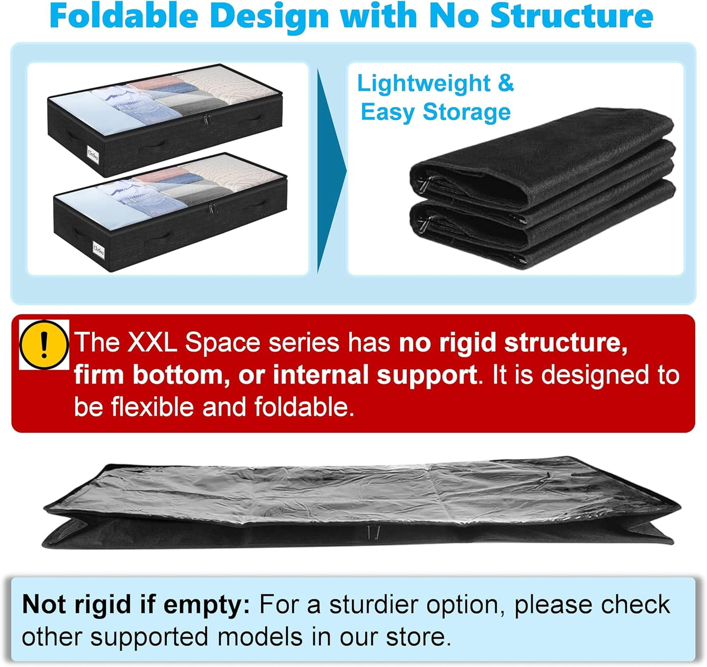 4 Pack 100L Under Bed Storage Containers, Low Profile Closet Organizers and Storage Bins for Dorm, Foldable Underbed Bag for Clothes, Blanket, Sheet, Wrapping Paper, Clear Window & Dual Zippers, Black