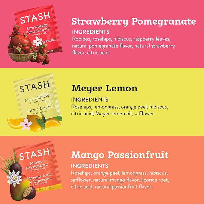 Stash Tea Fruity Herbal Tea 6 Flavor Tea Sampler, 6 boxes With 18-20 Tea Bags Each