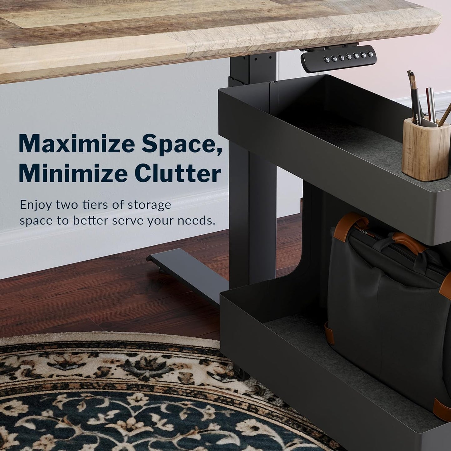 Vari Mobile Slim Under-Desk Cubby - Durable Steel & PET Felt Line - Open Storage & Easily Rolls - Dual Tier Office and Home Organizer Accessory - Black, 10” x 22” x 22”