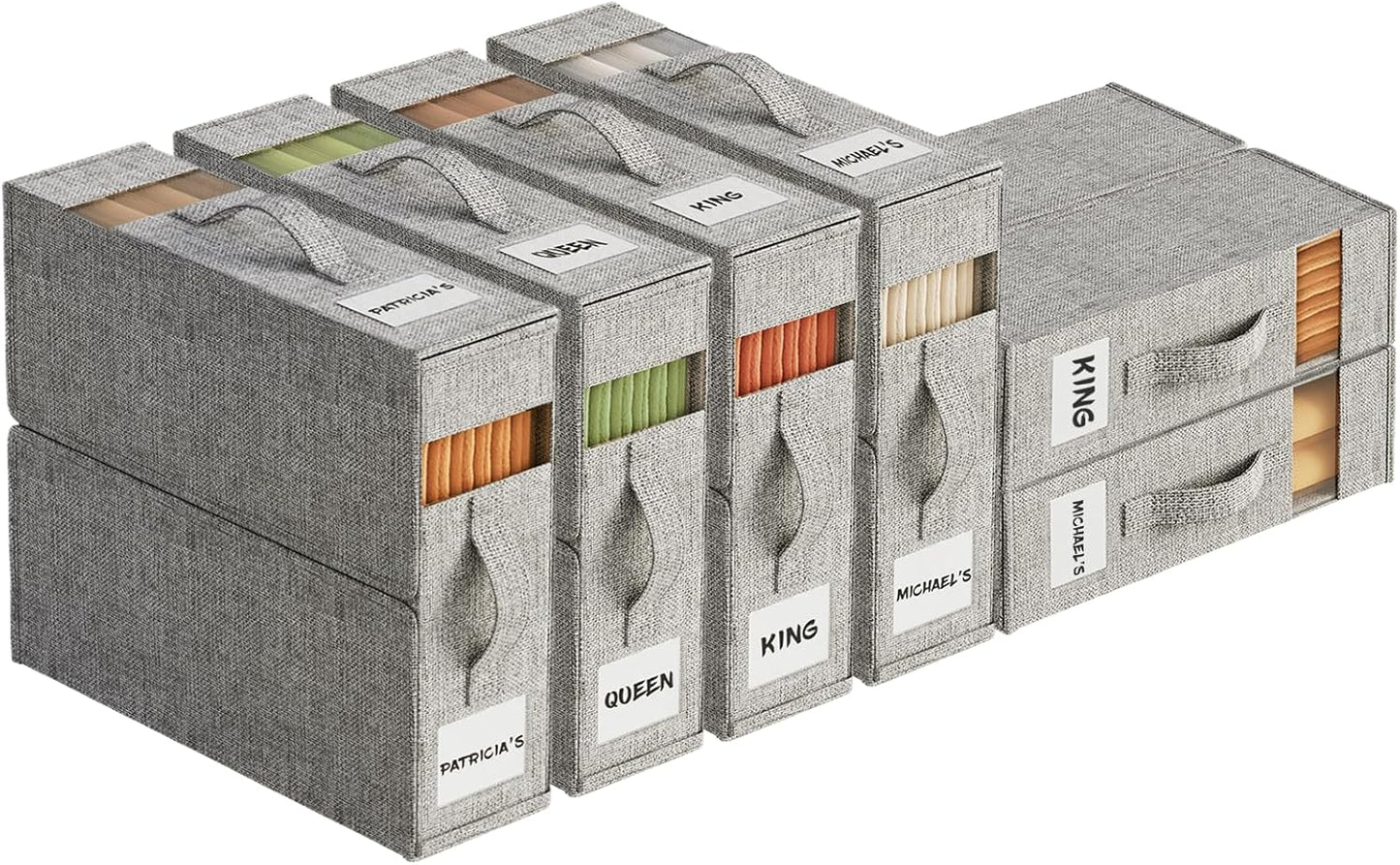 Sheet Organizers and Storage with Handles – Foldable Linen Closet Storage for King & Queen Sheet Sets – Clear Window & Removable Labels – Dustproof & Space-Saving Design, Grey,6 Pack