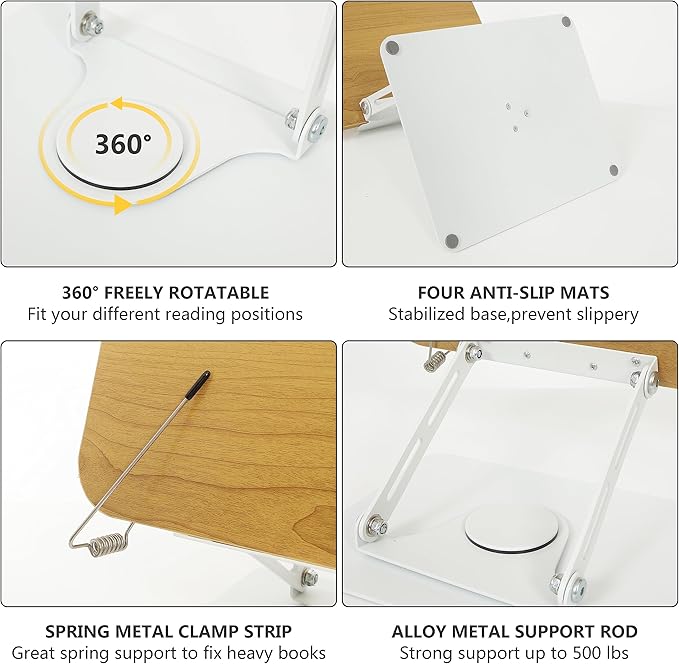MNKXL Book Stand for Reading,360°Rotating Base Book Holder for Reading Hands Free,Cookbook Stand,Wooden Panel Aluminium Base Stand for Cookbook,Laptop,Textbook