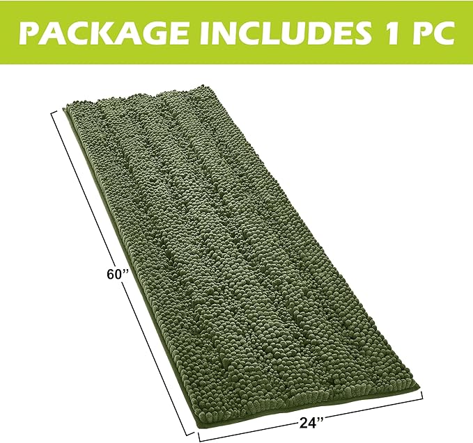 KGORGE Bath Mat for Bathroom Soft Non-Slip Rugs 60" x 24" Cozy Shaggy Durable Thick Chenille Rugs Water Absorbent Quick Drying Shower Carpet for Toilet, Sage Green, 1 Pc