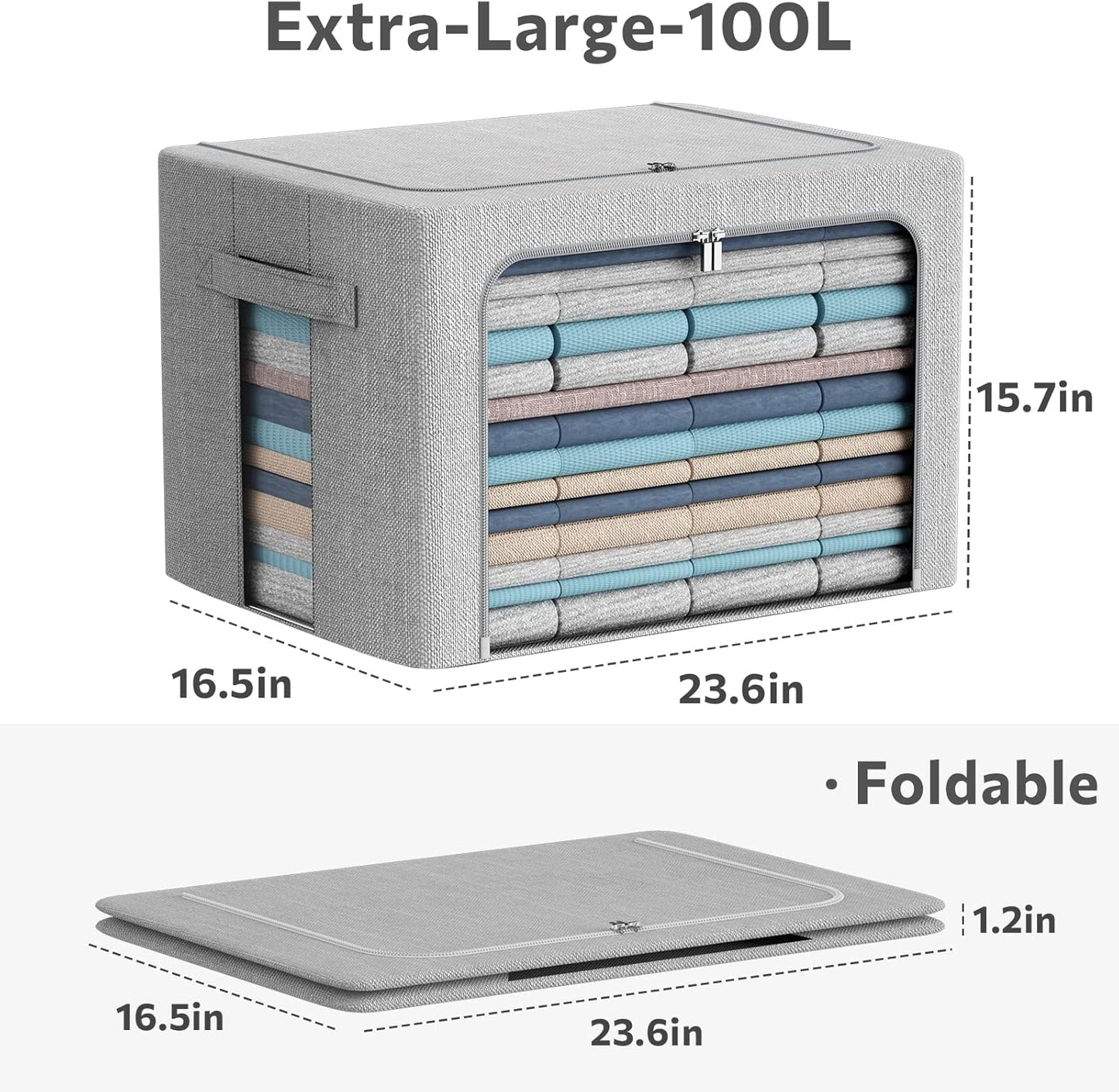 2Pack Extra Large Clothes Storage Bins Box - Linen Fabric Foldable Stackable Container Organizer Set with Clear Window & Carry Handles & Metal Frame (Light Grey, Extra Large-100L)