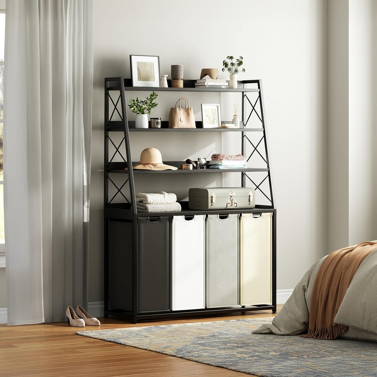 Laundry Basket, 4 Section Laundry Hamper with 4 Tiers Shelf, Pull-Out and Removable Laundry Bags, Large 4 x 15.87 Gallons, for Laundry Room Bathroom Black PF12XLK