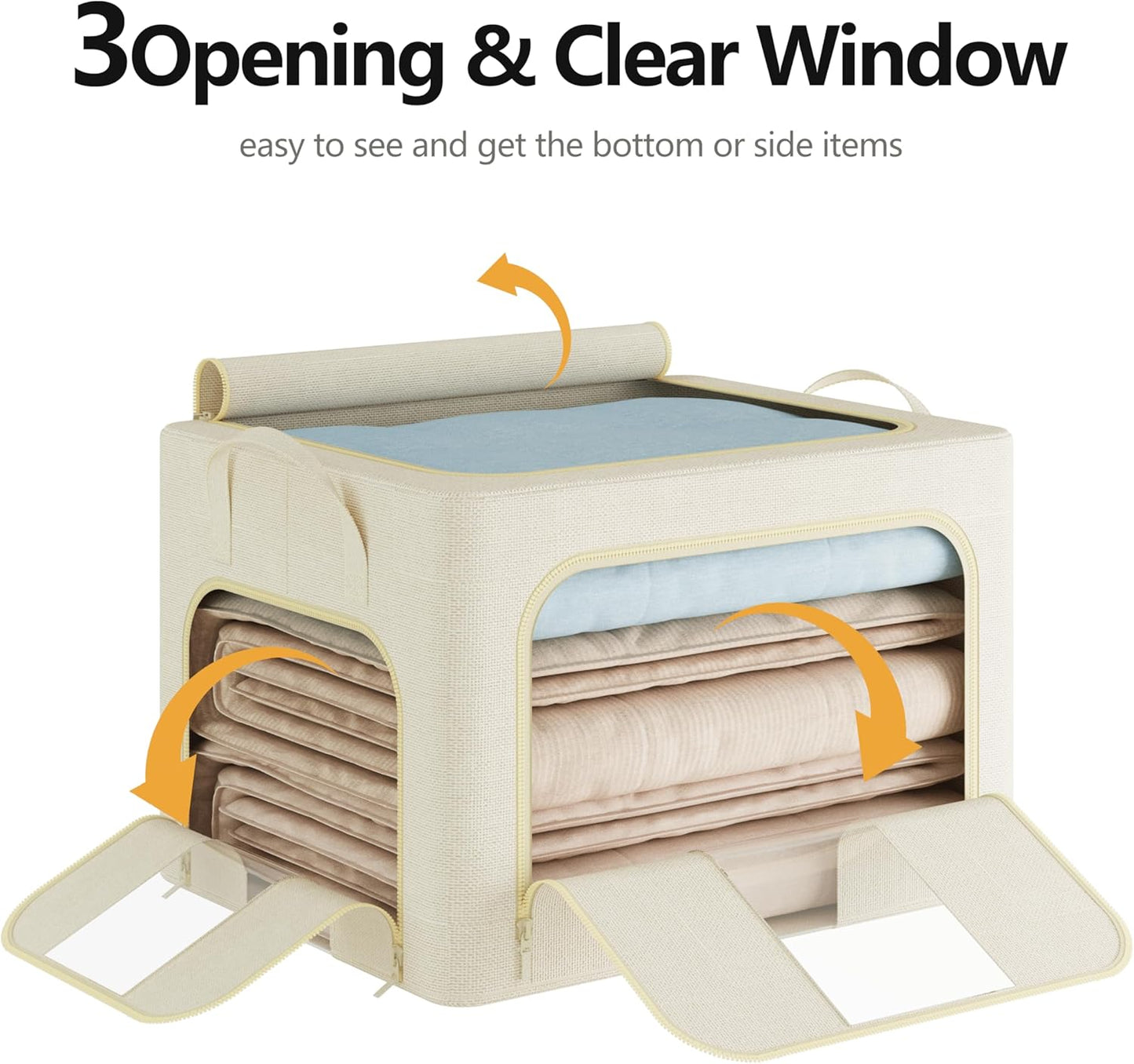 Pinkpum 3 Pack Clothes Storage Bins with Metal Frame, Closet Organizers and Storage Boxes, Stackable & Foldable Clothes Organizer Bags with Large Clear Window & Long Carry Handles, Beige 100L