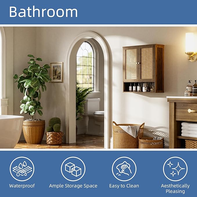 HITNET Bamboo Medicine Cabinet, Wall Mounted Bathroom Cabinet with Adjustable Shelf, Double Rattan Door Hanging Storage Organizer Over Toilet for Entryway, Laundry Room (Walnut)