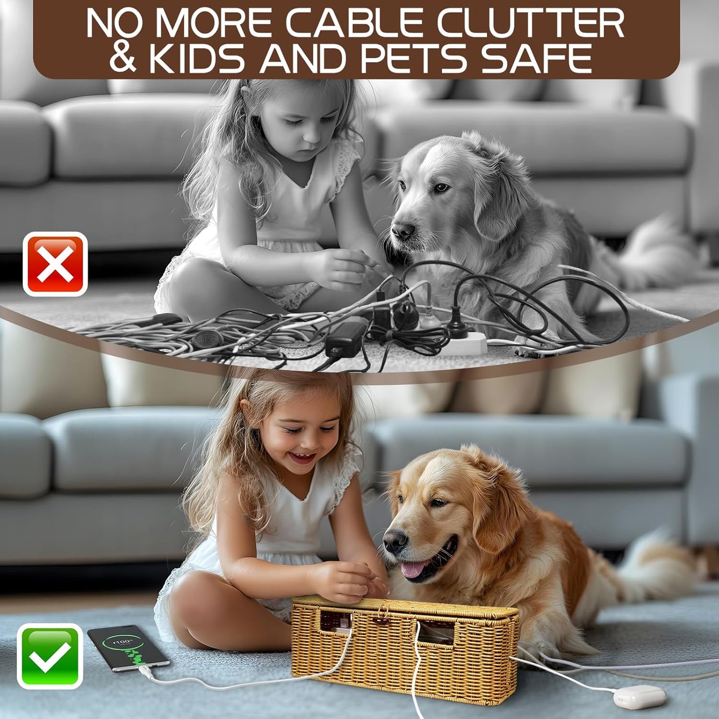 Longer Cable Management Box, 16In Handwoven Cord Management Box with 5 Slots, Floor Cord Hider Boxes for Power Strip and Wire, Cable Organizer Boxes with Lid for Desk, Floor, Office, Living Room