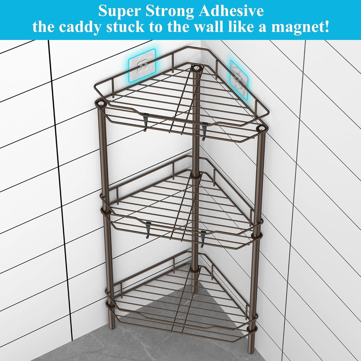 3 Tier Floor Standing Corner Shower Caddy Organizer Shelf with Hooks, Bathroom Shelves Stand Rack, Bronze