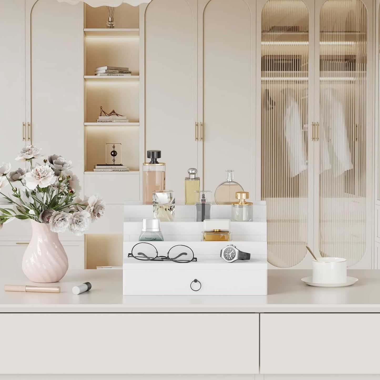 Blisse Cologne/Perfume Organizer, 4-Tier Storage Drawer with Hidden Compartments, Soft-Lined Display Case (White)