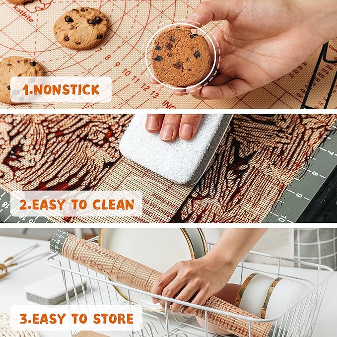 katbite Silicone Pastry Mat Non Stick, Silicone Baking Mat 26" x 16" with Measurement, Non-Slip Dough Rolling Mat for Counter, Oven Liner, Pie Crust, Reusable Fondant Mat Extra Thick