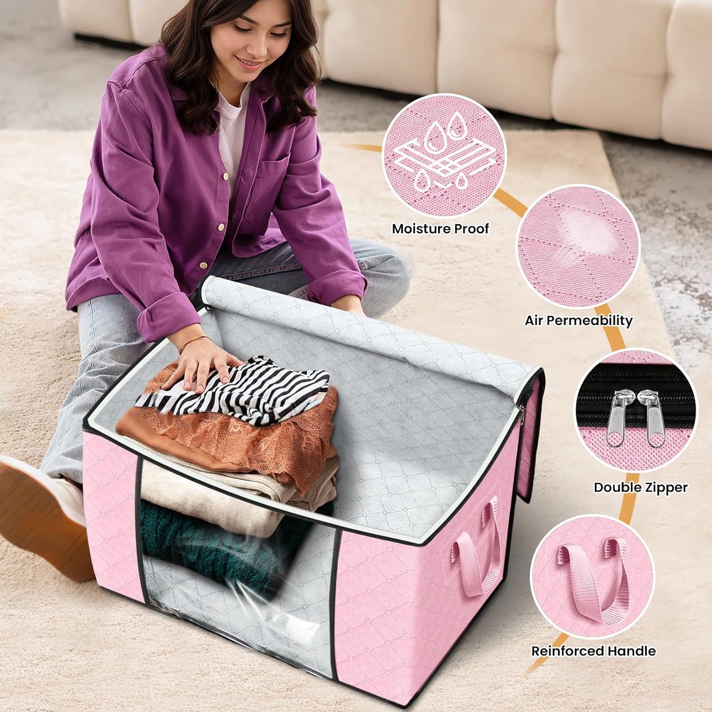 Fab totes 24 Gallons Clothes Storage, Foldable Thick Fabric Blanket Storage Bags, Containers for Organizing Bedroom, Closet, Clothing, Comforter, Organization with Handle (4 Pack,Pink)