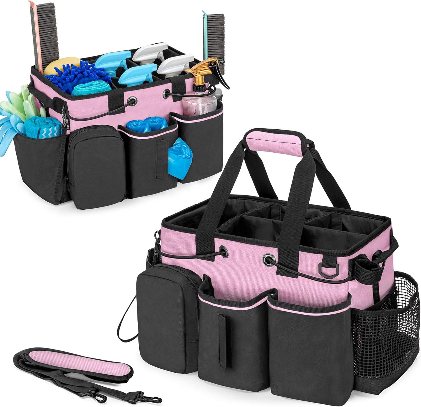 LoDrid Large Professional Cleaning Caddy with Detachable Divider, Supply Organizer with Handle and Shoulder Strap, Cleaning Bags for Housekeepers & Cleaners, Pink