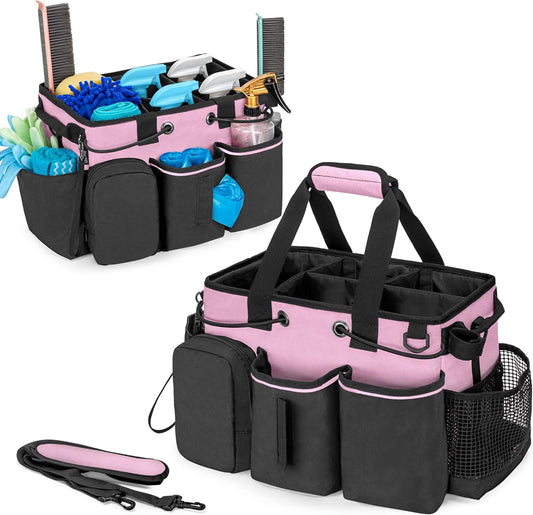 LoDrid Large Professional Cleaning Caddy with Detachable Divider, Supply Organizer with Handle and Shoulder Strap, Cleaning Bags for Housekeepers & Cleaners, Pink