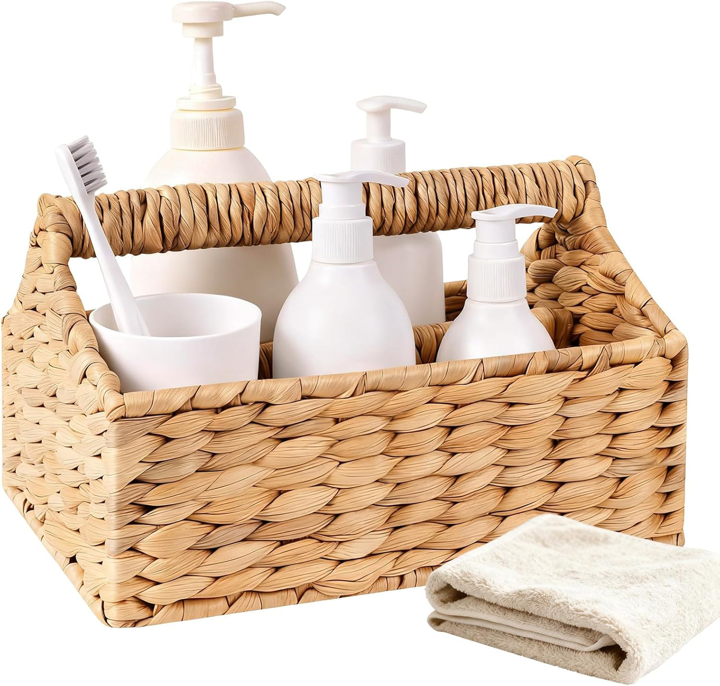 Portable Shower Caddy with Handle Rattan Woven Cleaning Caddy Organizer Water Hyacinth Shower Basket for Bathroom Kitchen Bedroom Storage, Dorm Room Essentials