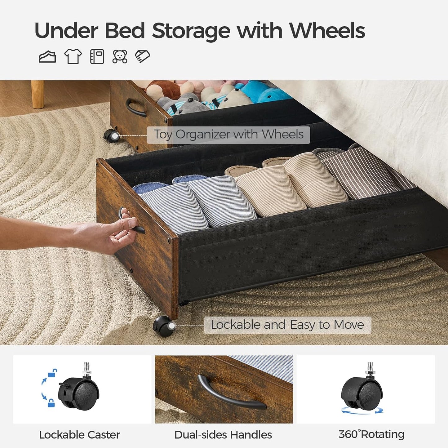 Under Bed Storage with Wheels, XXXXL Larger Under Bed Drawers On Wheels, Wooden Under Bed Shoe Organizer, Storage for Shoes Clothes