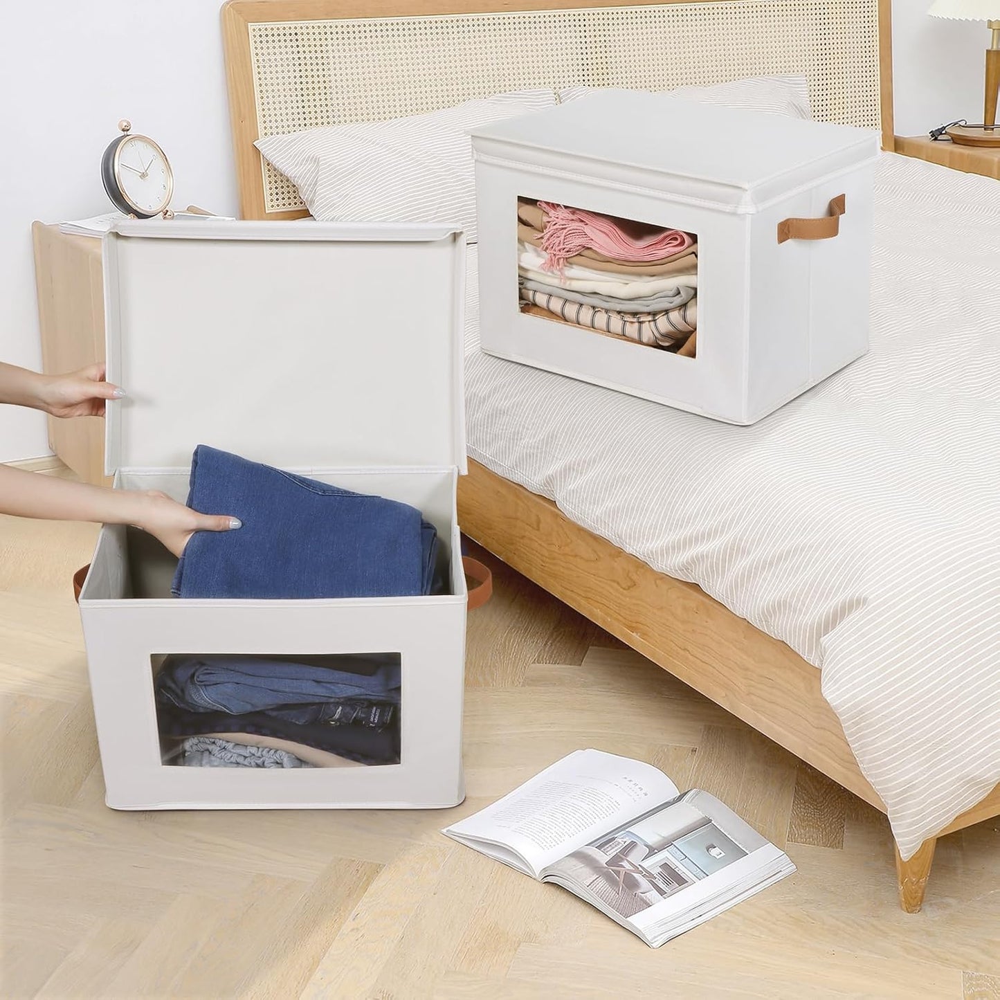 Univivi Storage Boxes with Lids Fabric Foldable Storage Bin for Clothes, [3-Pack] Closet Organizer Containers boxes with Handles for Home, Bedroom, Closet Storage (Beige,17” x 12” x 12")