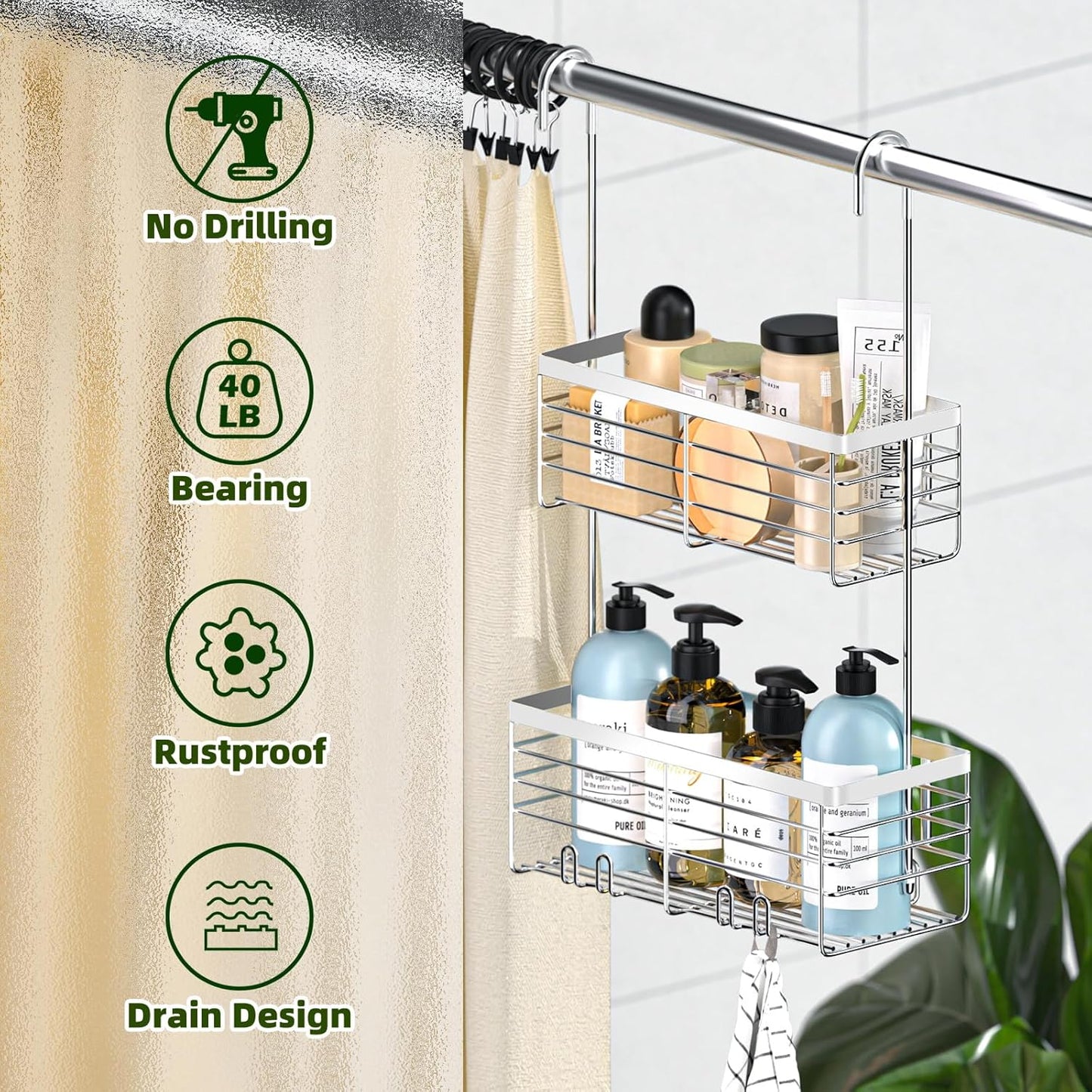 YUOROS Shower Caddy Hanging, 2 Tier Over the Door Shower Organizer Rack 304 Stainless Steel Rustproof (Silver)