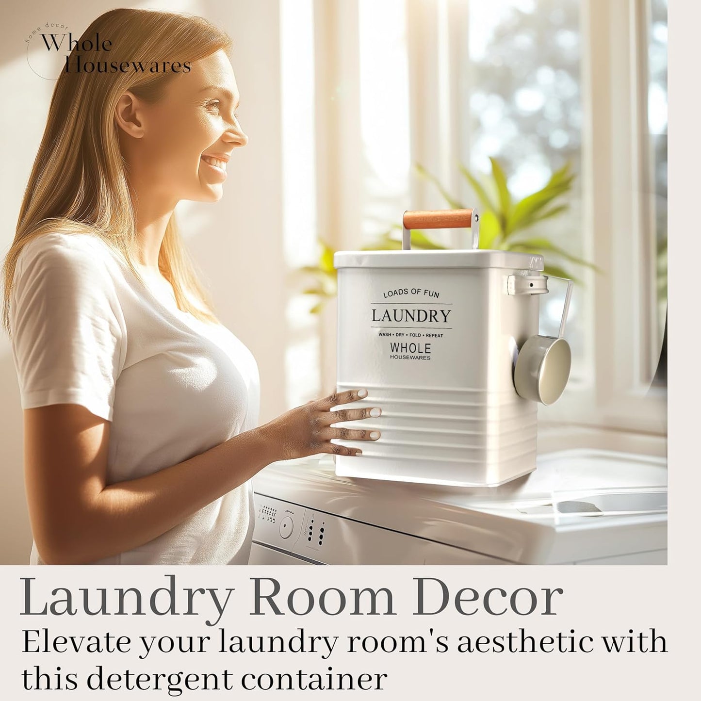 Whole Housewares Laundry Detergent Container - Tin Farmhouse Metal Laundry Powder Soap Dispenser With Scooper, Airtight Lid And Handles - Vintage Soap Pod Holder Storage Bin With Lid And Scent Holders