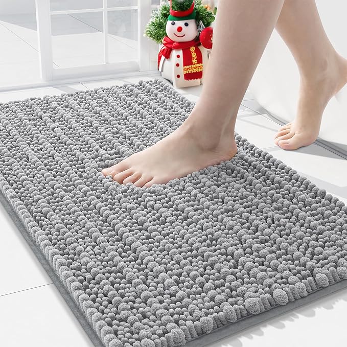 Arotive Luxury Chenille Bathroom Rug Mat, Extra Soft Thick Absorbent Shaggy Bath Rugs, Non-Slip Machine Wash Dry, Plush Bath Mats for Bathroom, Shower and Tub, 34x21, Light Grey