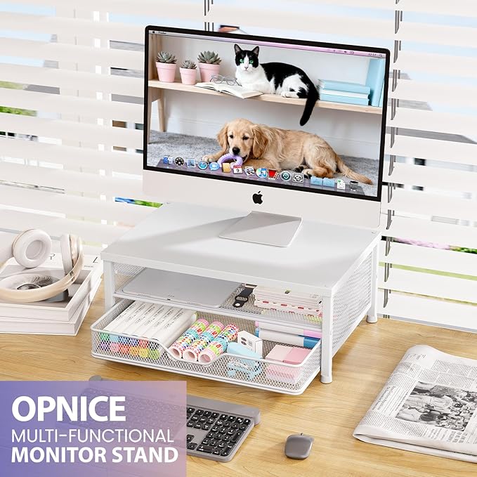 OPNICE Computer Monitor Stand Riser, Desk Organizers and Accessories with Drawer, Laptop Stand, Office Desk Accessories & Workspace Desktop Organizers Storage for Office Supplies(White)