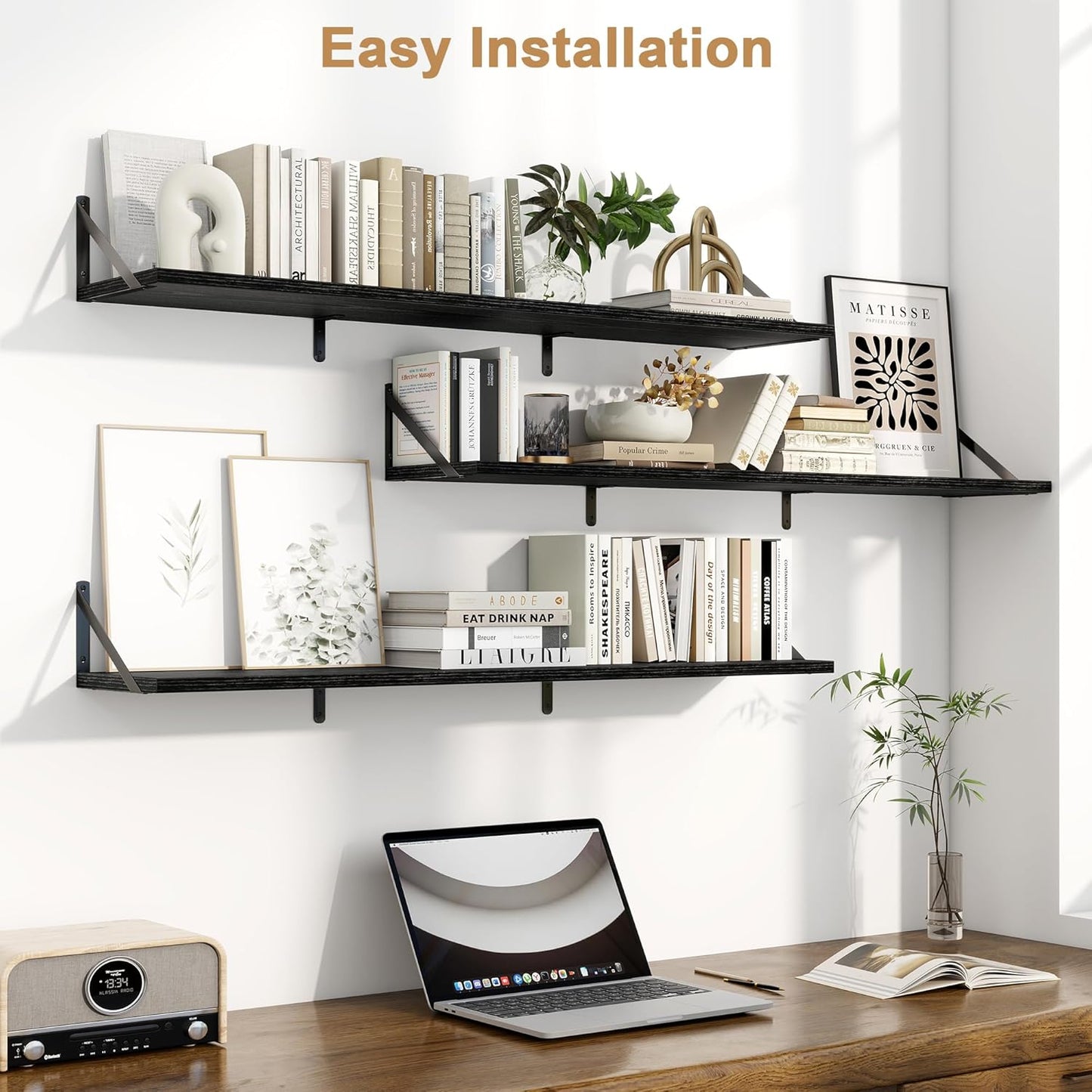 Fun Memories Extra Long Floating Wall Shelves, 48 x 8 Inches, Set of 3 Large Wood Floating Bookshelves with Metal Brackets for Storage & Display (Black)