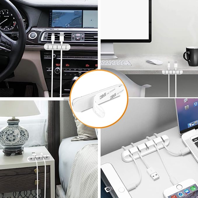 Cord Holder Cable Organizer Clips – Self Adhesive Cord Organizer for Desk, Car, Nightstands, Office, White Silicone Cord Keeper Cable Clips Wire Holders for Charger Cords (7-5-3-1-1 Slots)