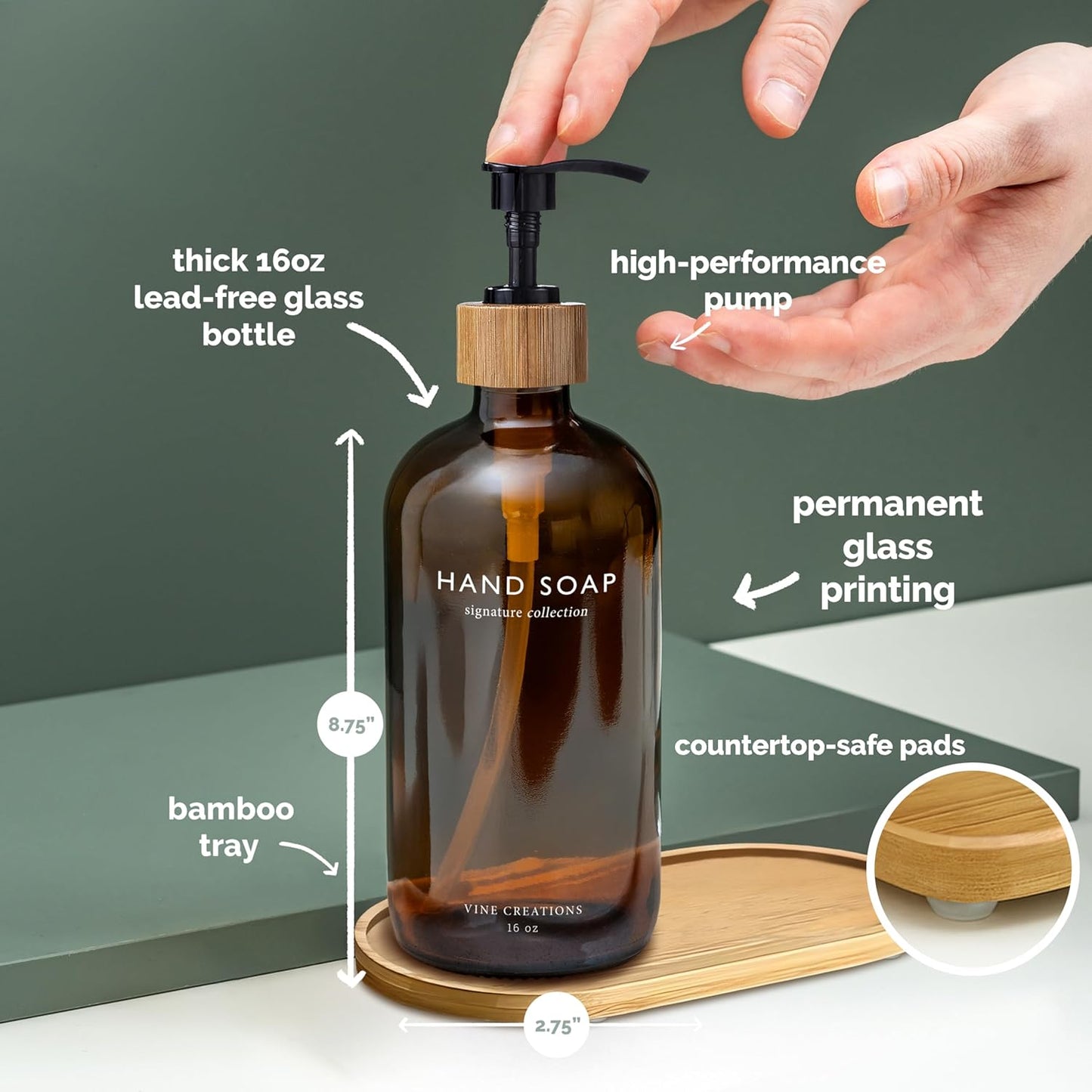 Vine Creations Amber Glass Soap Dispenser Set, Hand Soap and Dish Soap Dispenser Set with Bamboo Tray, 16 oz Glass Dispensers Bottle for Kitchen and Bathroom Decor Modern Boho with Bamboo Pump (Amber)