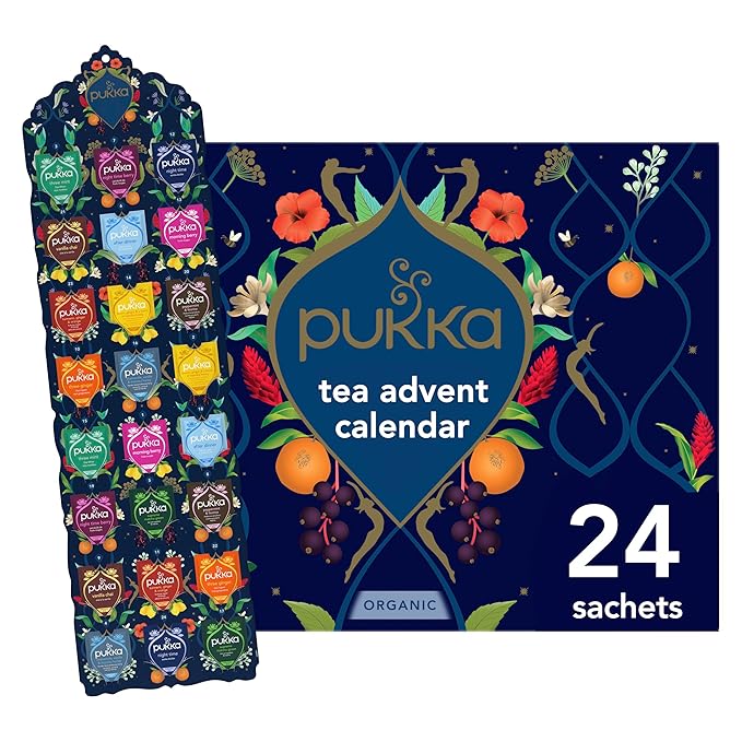 Pukka Advent Calendar Organic Tea Sampler, Selection of 24 Delightful Black & Green Tea Infusions, Christmas Gift for Tea Lovers, 100% Organic