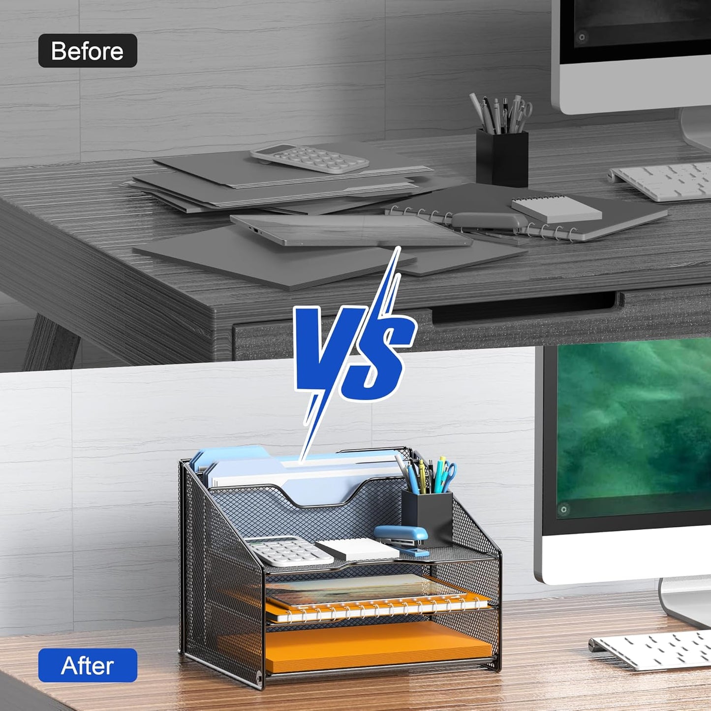 Samstar Desk File Organizer, Mesh Letter File Folder Holder with 3 Paper Trays and 2 Vertical Upright Section, for Office Supplies,Desk Accessories & Workspace,Black.