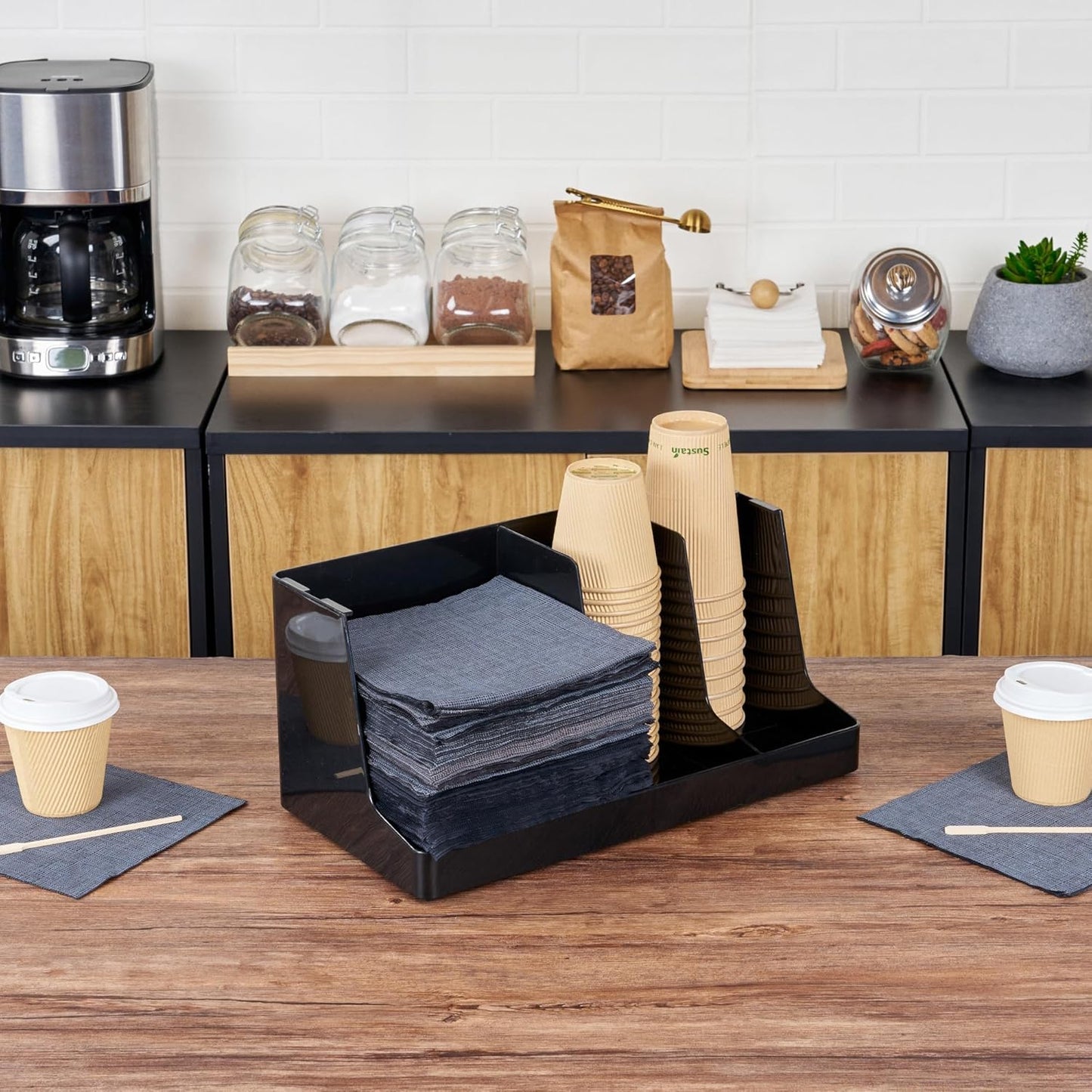 Restaurantware Restpresso Coffee Bar Organizer, 1 Count Durable 3 Compartments, Compact Size, Black Plastic Tabletop Coffee Supplies Organizer For Homes, Office Spaces, Breakrooms, and Lounges