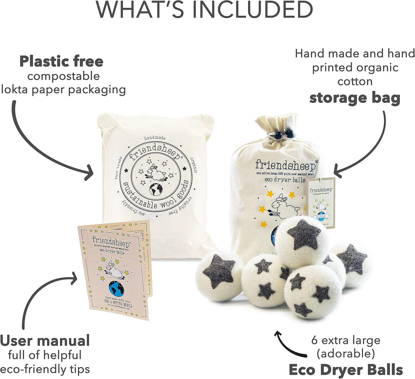 Friendsheep Wool Dryer Balls, Organic Reusable Fabric Softener Alternative for Laundry, Handmade, Fair Trade, Hypoallergenic, Eco-Friendly, Plastic-Free (6 Pack XL – Stars Galore)