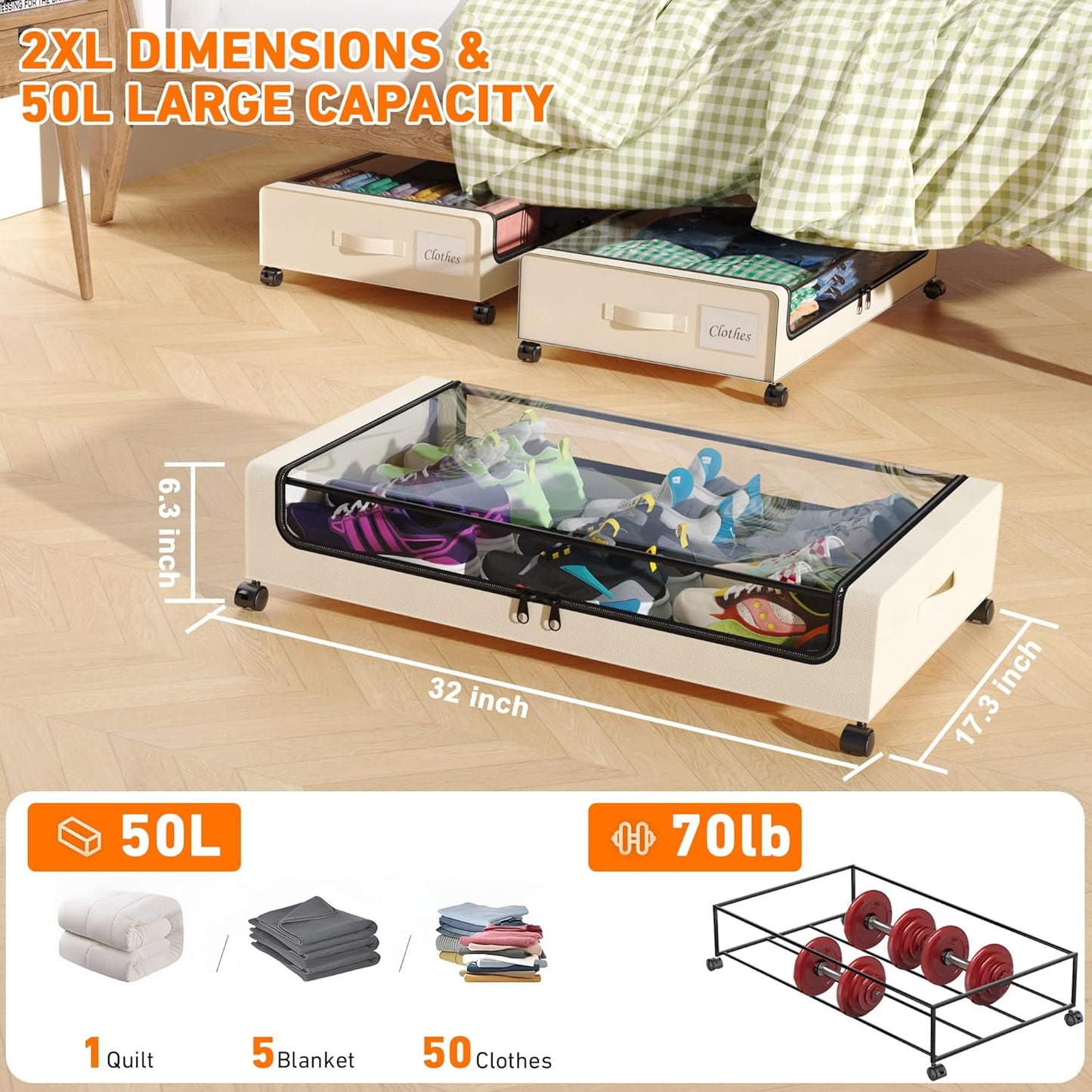 Under Bed Storage with Wheels, 2 Pack Under Bed Storage Containers with Dividers & Clear Lids, XXL 65L Under the bed storage Organizer Bins, Underbed Storage with Wheels for Clothes (White, 2 Pack)