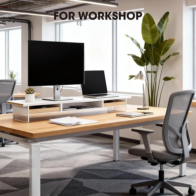 Fenge Acrylic Monitor Stand, 2 Tier Dual Monitor Riser with Solid Wood Drawers, 42.5 Inch Computer Stand for Two 27 Inch Monitors, Desk Shelf for PC, Laptop, Printer, TV, White