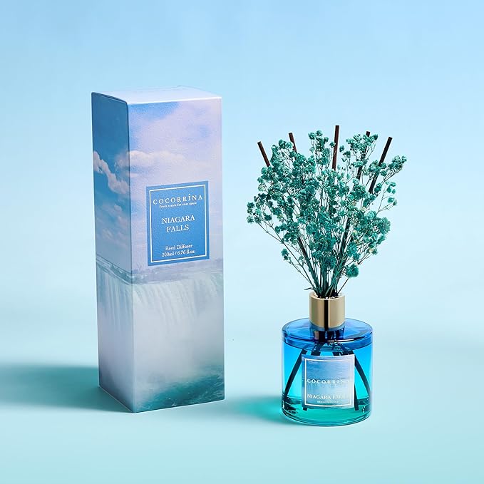 COCORRÍNA Reed Diffuser - Niagara Falls 6.7 Fl.oz Reed Diffuser Set with 8 Sticks & Preserved Baby's Breath, Reed Diffuser for Home Bathroom Shelf Decor
