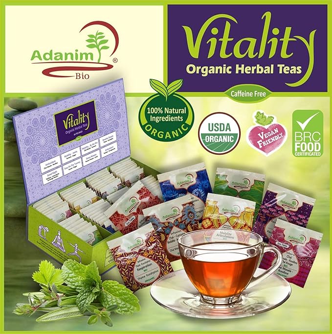 Adanim Bio Vitality Organic Herbal Tea Sampler Tea Set Variety Pack 8 Flavors Assorted Tea 64 Individually Wrapped Tea Bags Caffeine Free Natural Ingredients Christmas Tea Birthday Gift Box for Women