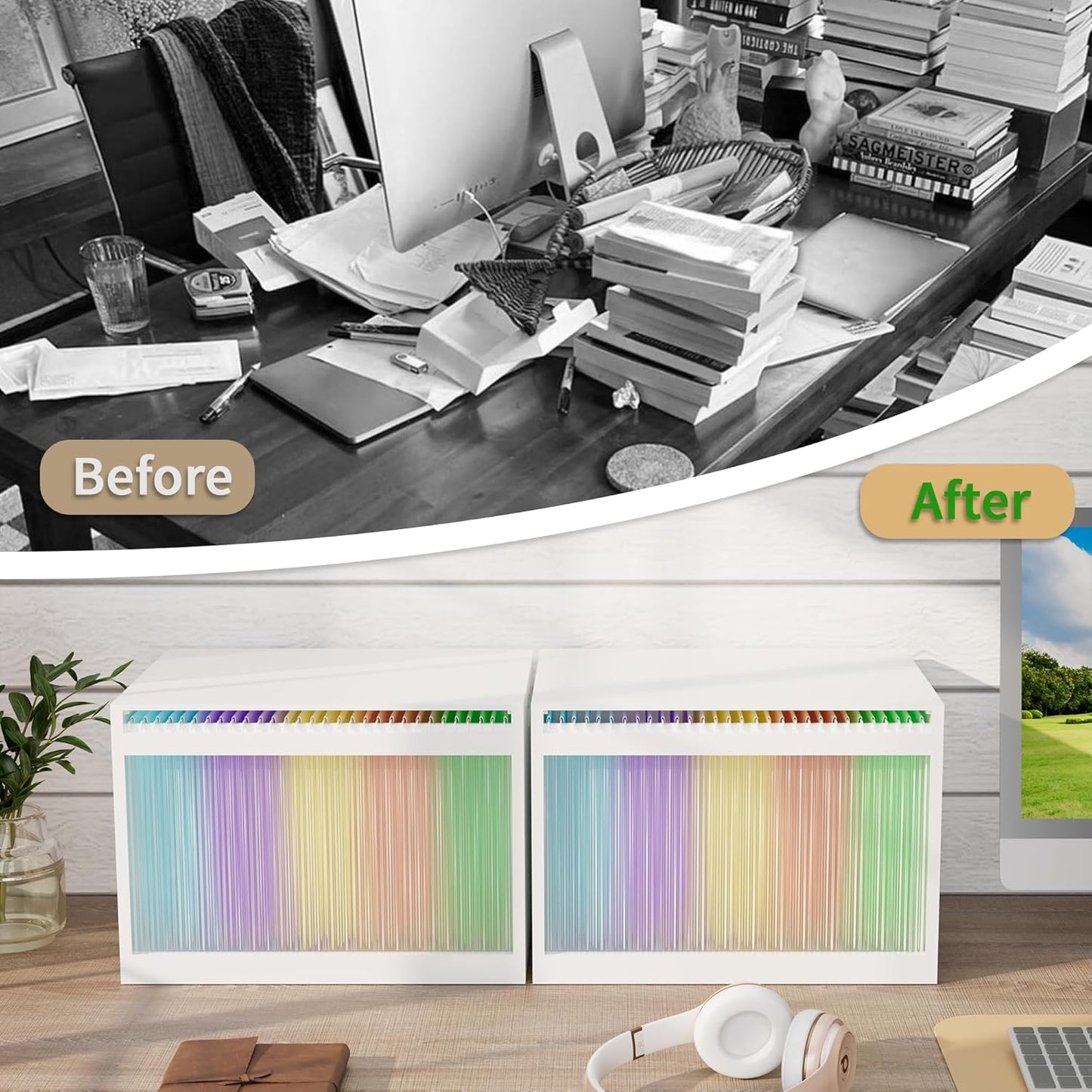 Bamboo Hanging File Boxes with Lids 2 Pack, File Organizer Box for Letter/Legal File, File Box with Hanging Folders Acrylic Light Easy Assembly File Storage Boxes for Home Office, White