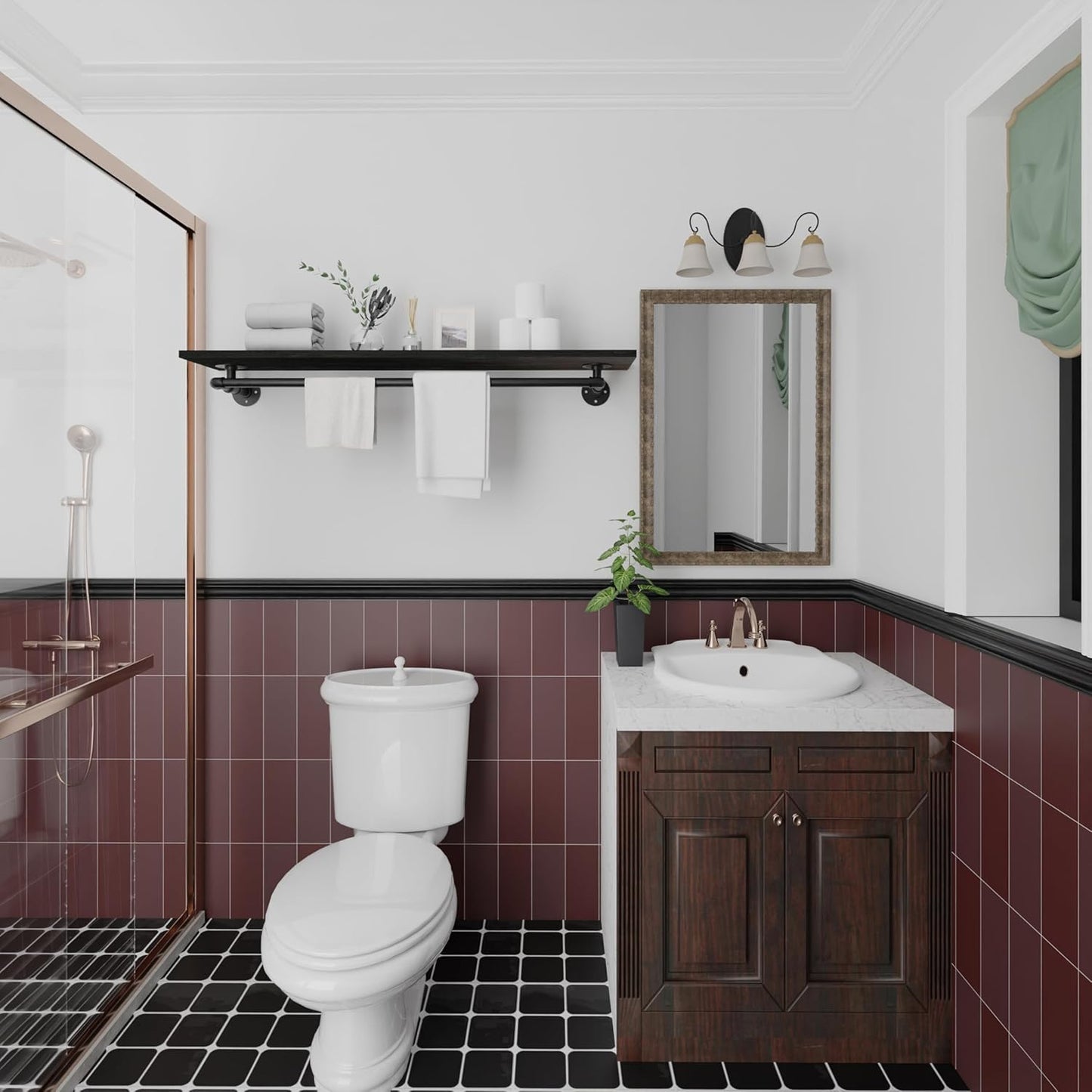 Black Clothes Rack 48in, Wall Mounted Garment Rack with Real Wood Shelf, Heavy Duty Hanging Clothes Rack, Multi-Purpose Hanging Rod, Space-Saving Closet Storage