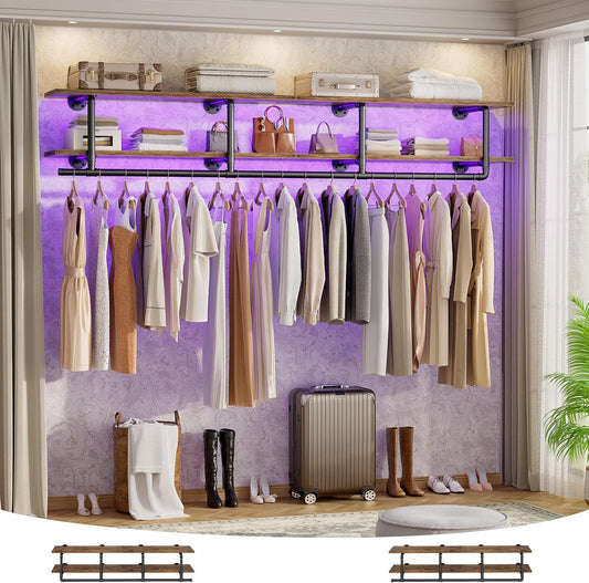 Aheaplus Industrial Pipe Clothes Rack with Top Shelf, 59In Space-Saving Wall Mounted Clothing Rack, 2 Tiers Heavy Duty Pipe Clothing Shelves with Hanging Rod for Laundry Room, Closet, Rustic Brown